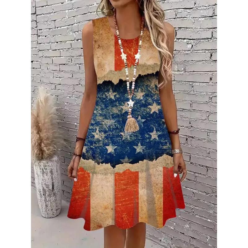 Летнее платье без рукавов с принтом, без карманов S