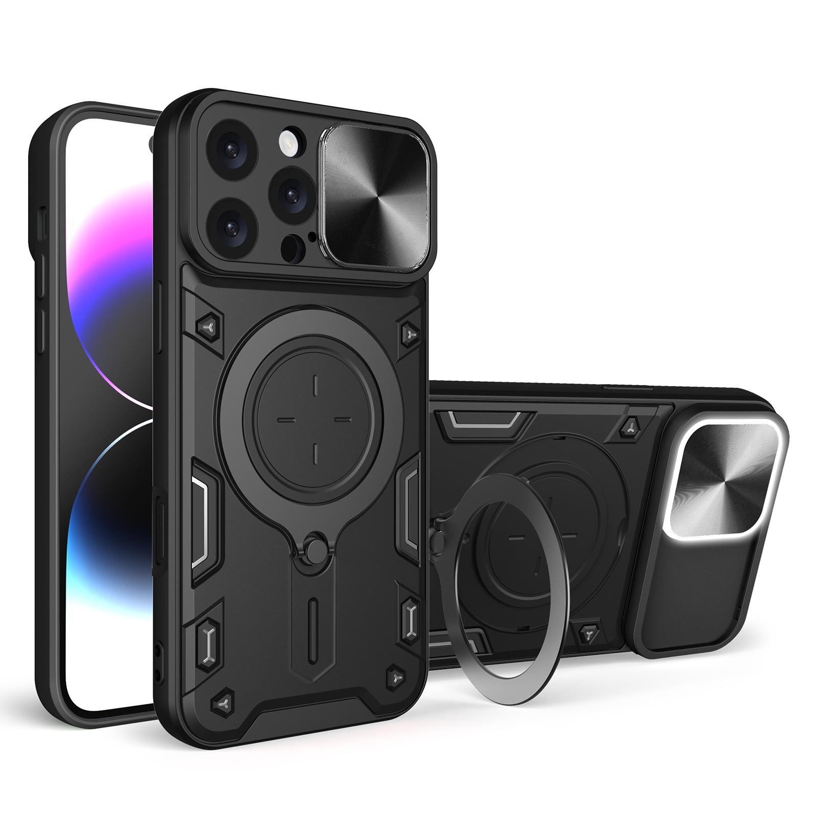 For iPhone 16 Pro Max Case TPU + PC Phone Cover with Kickstand , Slide Lens Window