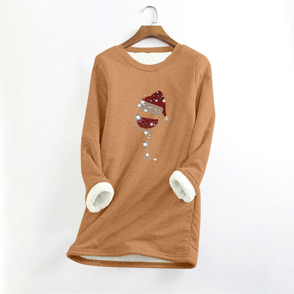 Top longo feminino com decote redondo e manga comprida, estampa de natal, grosso, pelúcia, cashmere, quente