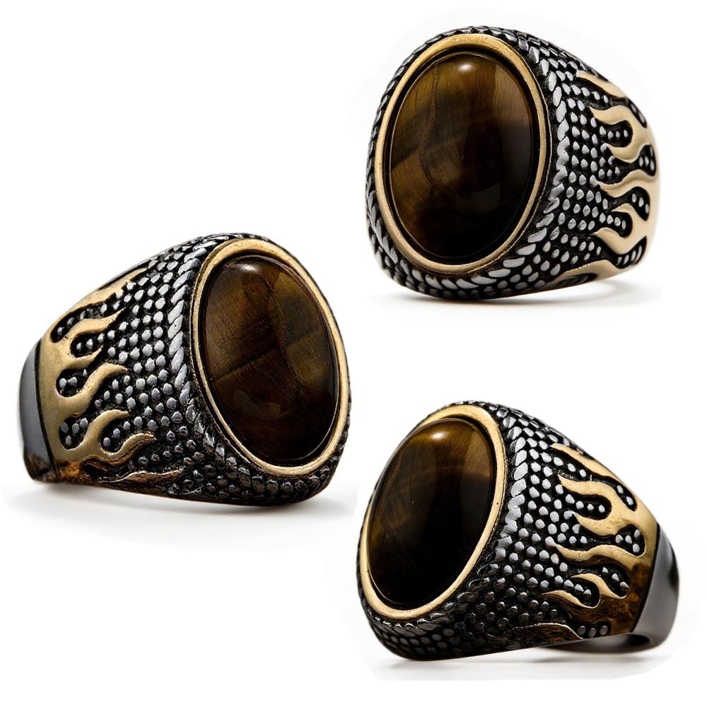Mens Fashion Flame Pattern Ring Tiger Eye Inlay Stainless Steel Jewelry