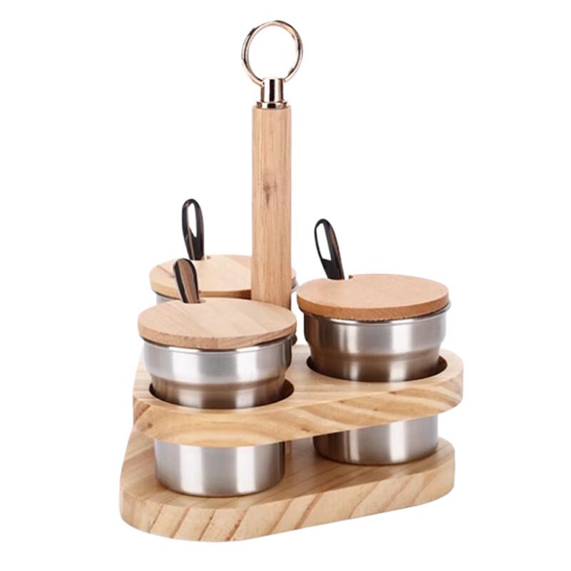 Stainless Steel Seasoning Jar Set with Triangular Wooden Rack