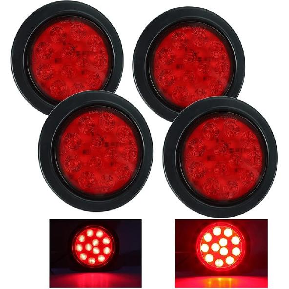 4Pcs 4" Round Red LED Trailer Tail Lights, Grommet Plug 12 LED Waterproof Stop Turn Signal Stop Brake Trailer Lights For Tractor Truck Bus Lorries