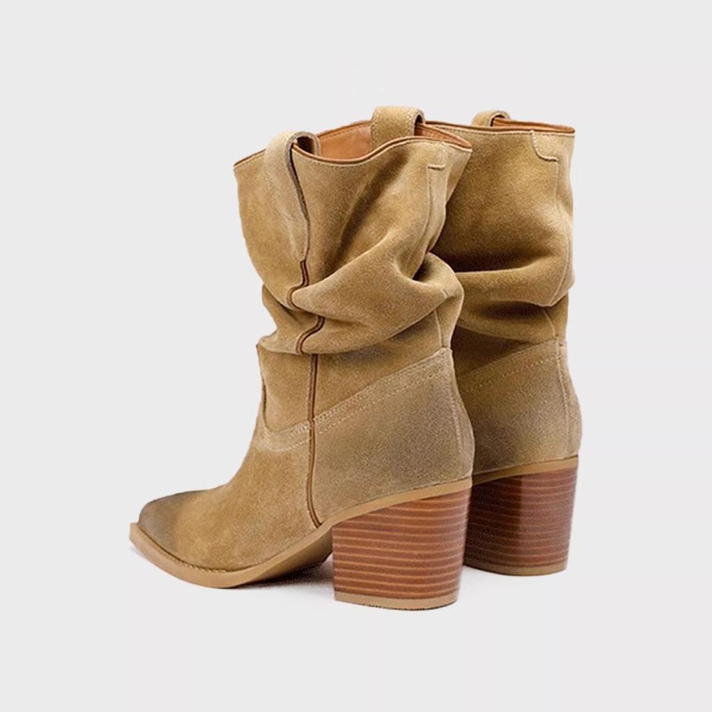 Cowhide version~ Western cowboy boots brown pointed head suede thin pleated stacking boots V-mouth thick heel medium tube short boots