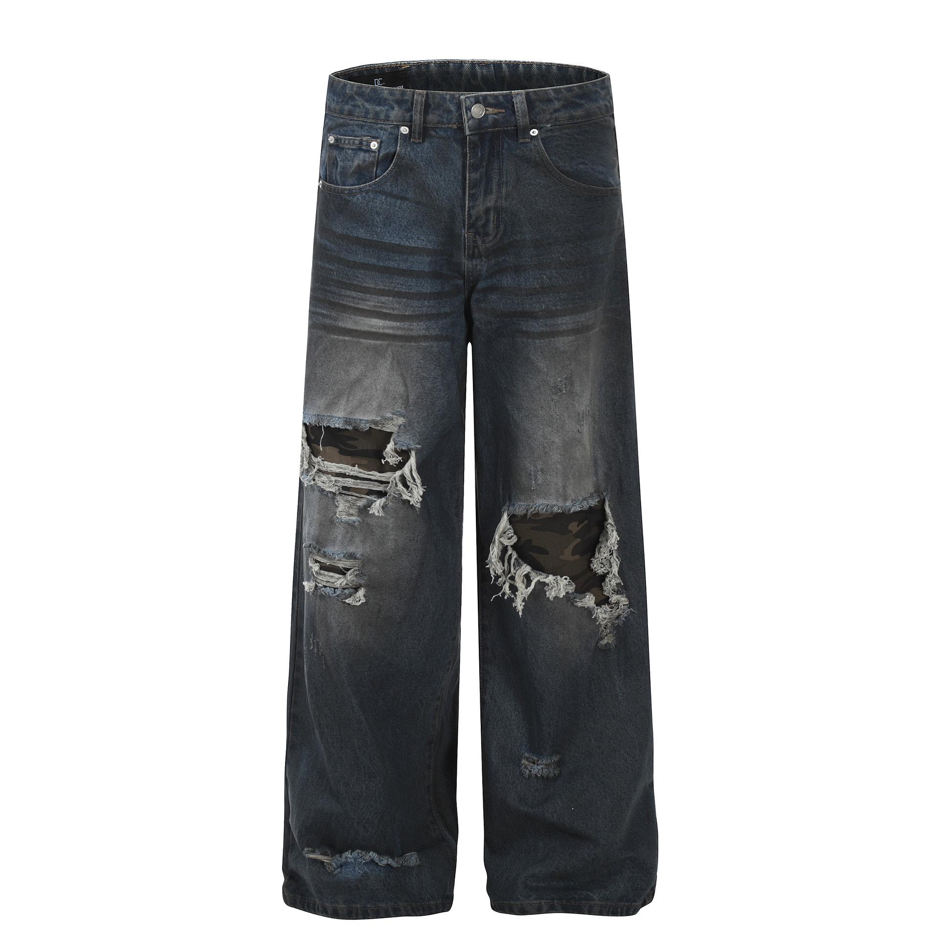 Men s Autumn American RO Wind Heavy Washed Ripped Jeans Wide Leg Pants S синий