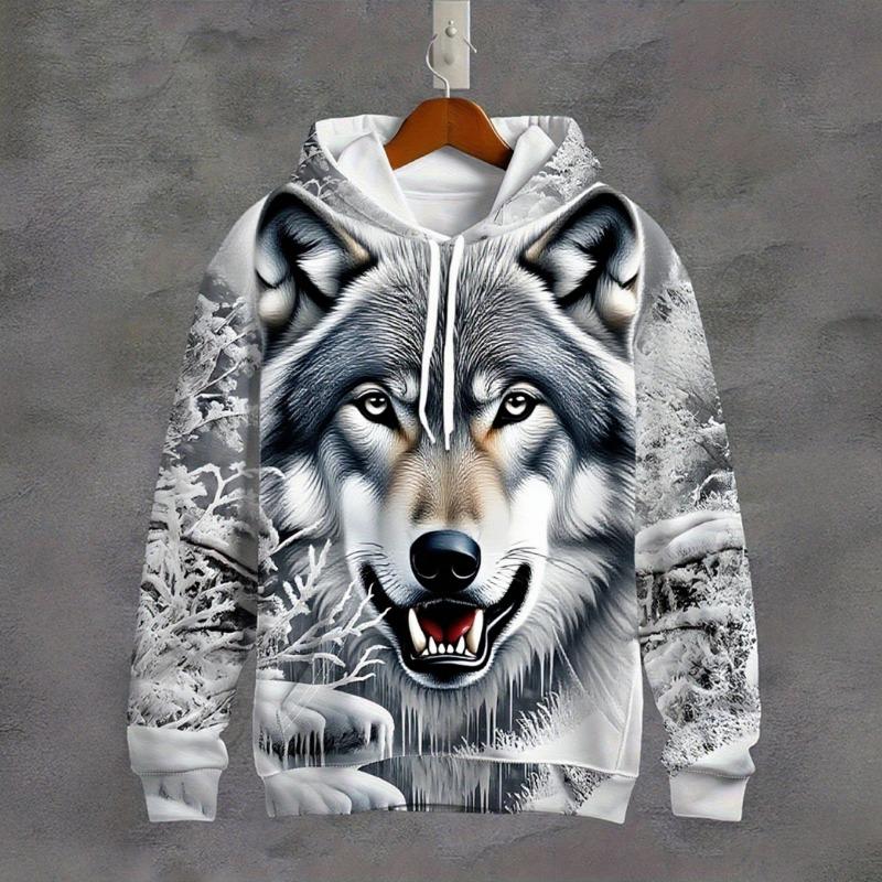 Fashion Men's Sweatshirt Hoodie Wolf Print Round Neck Long Sleeve Hoodie 2025 Autumn Casual Sweatshirt Oversized Men's Clothing