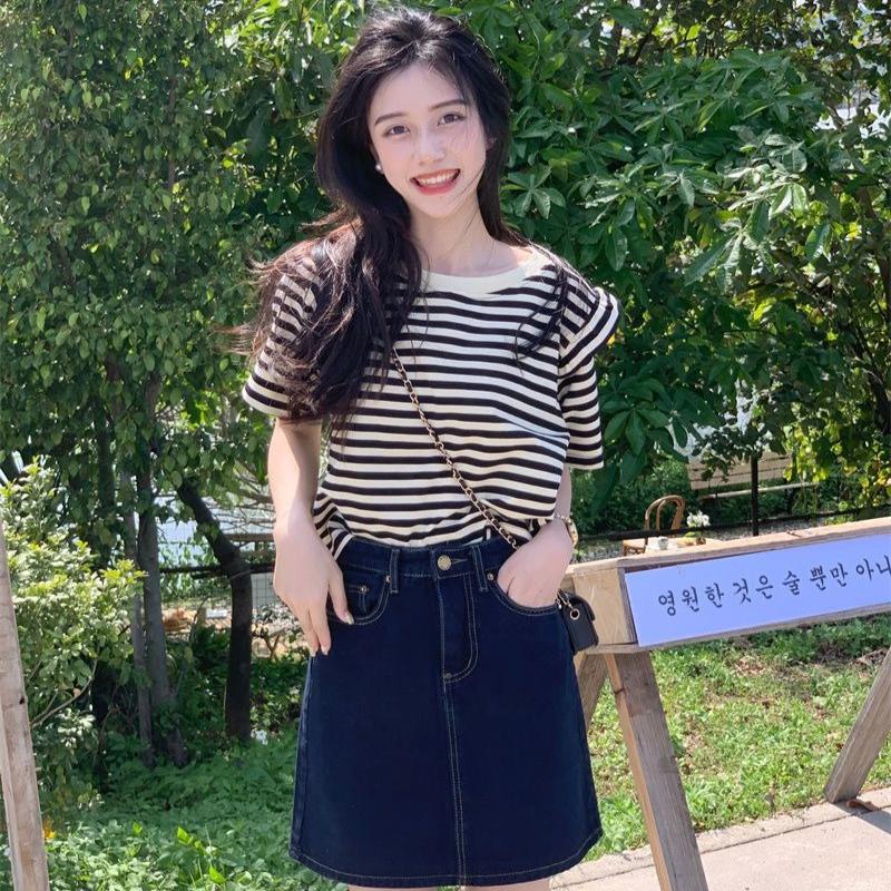 harajuku Vintage stripe Women's T-Shirts pure cotton Short Sleeve black y2k Tops Casual loose Street Clothing Women Summer Tees