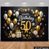 2D Luxusní pozadí k 50. narozeninám - Černo-zlaté balónky a květinový banner pro focení 50. narozenin