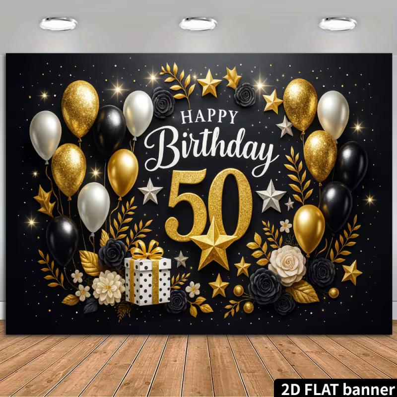 

2D Luxury 50th Birthday Backdrop - Black Gold Balloon & Floral Banner for 50th Birthday Photoshoot 47.2x31.5inch/120*80cm