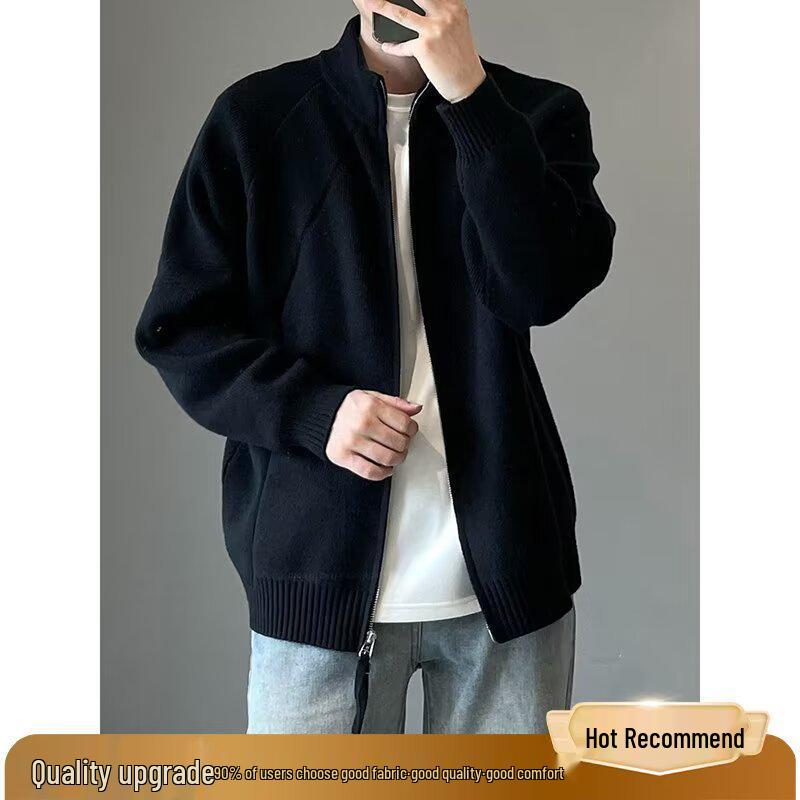 Men's Korean Style Double Zipper Stand Collar Knit Cardigan Jacket for Autumn and Winter Casual Wear