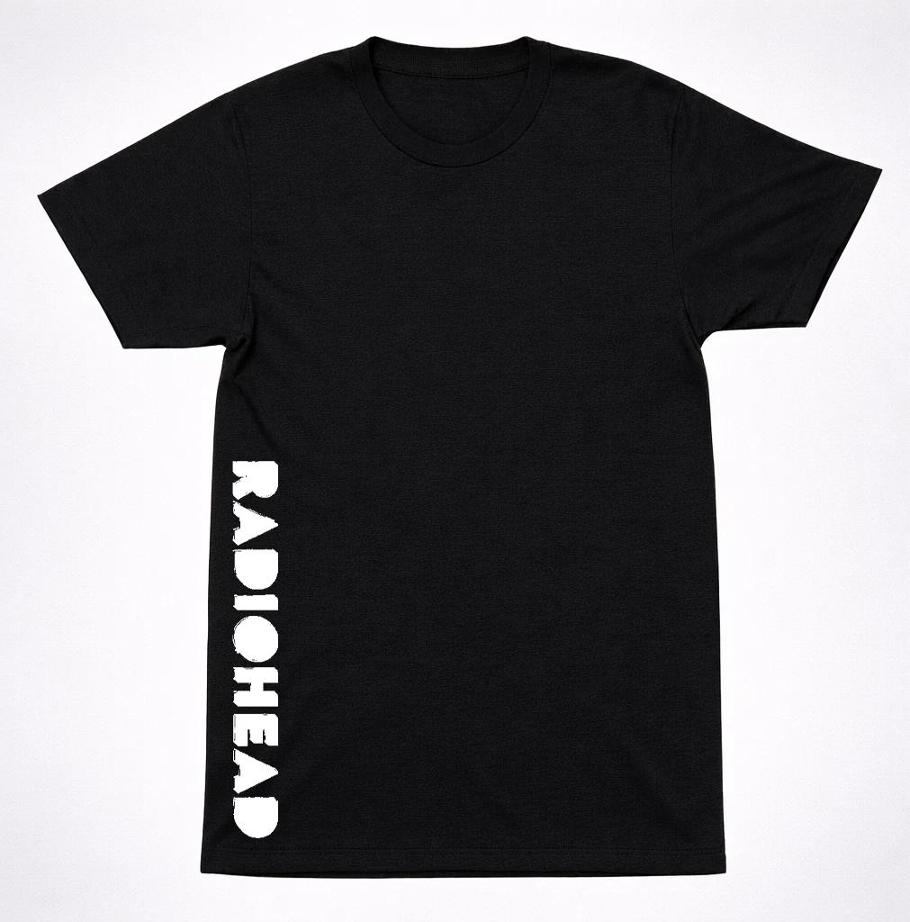 Radiohead Vertical Side Text Logo Black T-Shirt Minimal Alternative Rock Tee L