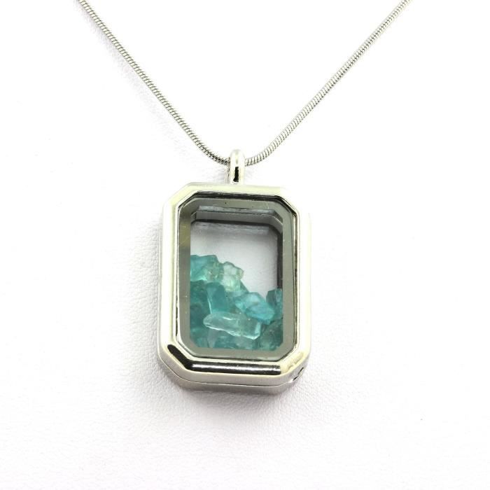 Collier - ABIJOUX - Apatite Paraiba brut - Pendentif rectangle - Chaine acier inoxydable - Mixte