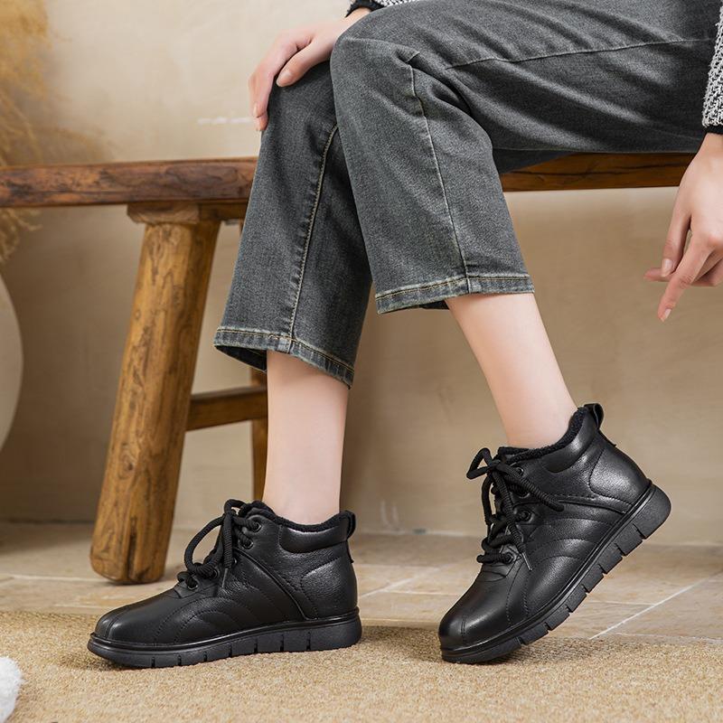 Winter Retro Round Head Flat Heel Beef Tendon Soft Sole Velvet Warm Medium and Old Lace-up Mother Cotton Shoes