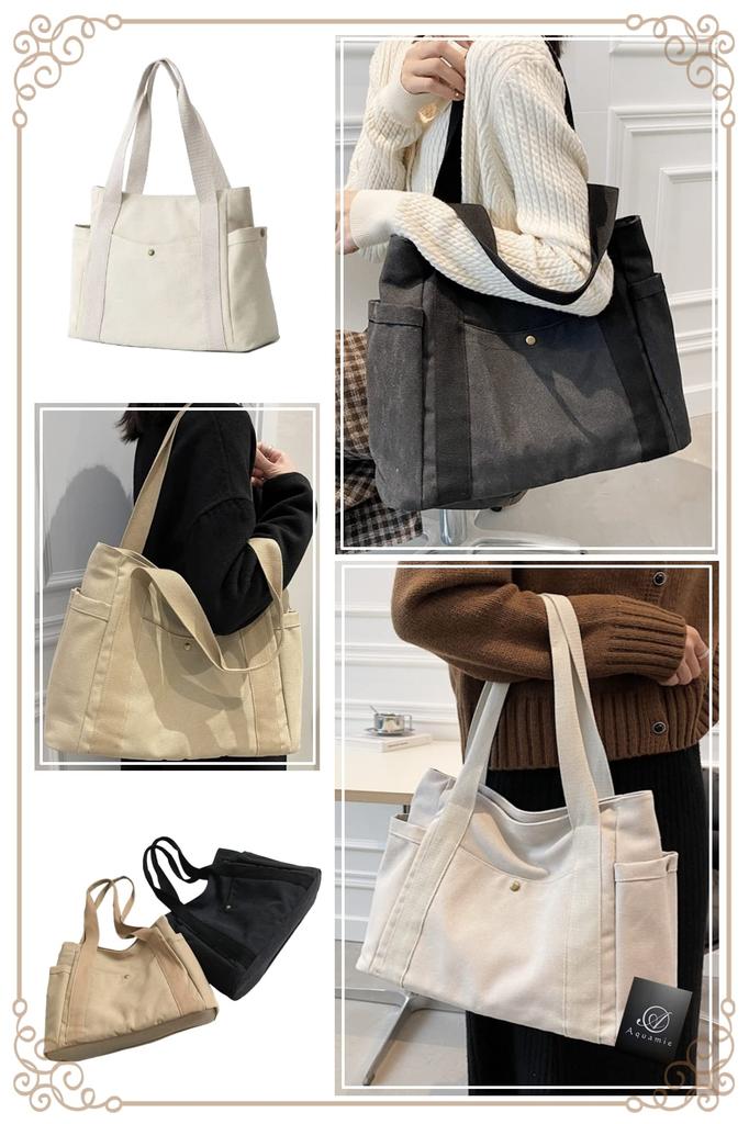 Tote shoulder for women [Aquamie] bag, canvas, bag, canvas, simple, (white)