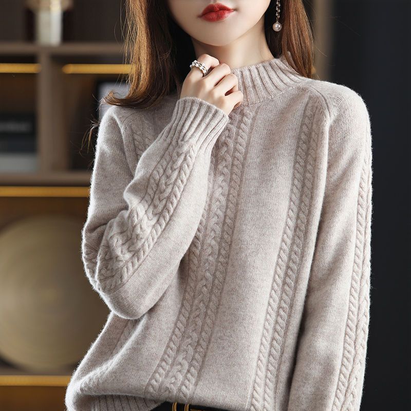 Autumn and Winter Women's Semi High Neck Pullover Sweater Long Sleeve Thick Versatile Loose Pullover Sweater