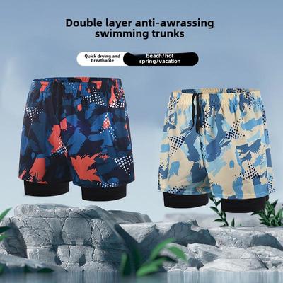 Men's Loose-Fit Quick-Dry Double-Layer Swim Trunks - Large Size with Print