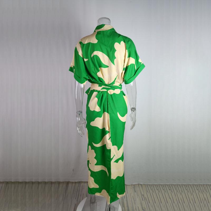 Sommer Europa und Die Vereinigten Staaten Damen Bedruckte Revers Kurzarm Hochtailliert Lange Hemdkleider