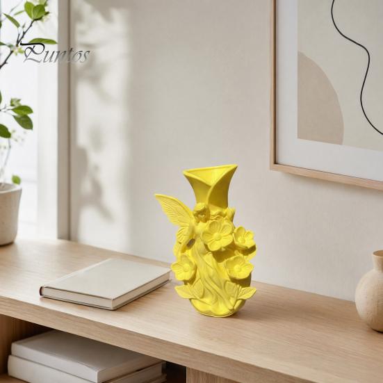 Forest Style Decor 3D Printed Fairy Garden Sculpture Vase, Fantasy Flower Pot with Bright Yellow Vase Statue, Dual-Use Holder for Desktop Entryway