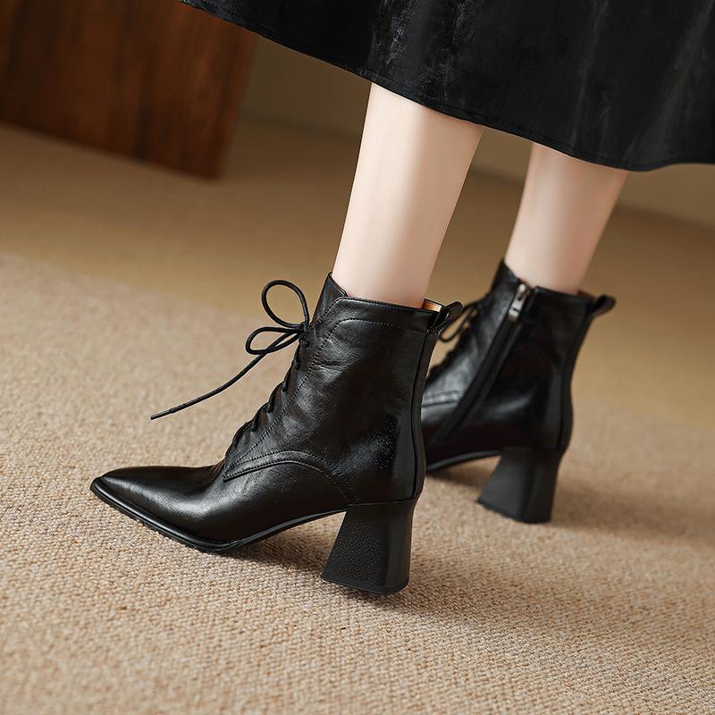 Mote Høst/Vinter Dame Støvletter Firkantet Tå Høy Hæl Sko for Kvinner Svarte Lærstøvletter Dame Snøring Håndlagde Sko Botas de mujer