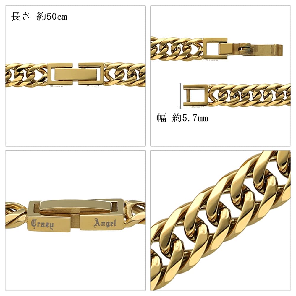 Crazy Angel Men's Surgical Stainless Steel Gold-Tone 6-Sided Double Curb Chain, 5.7mm Wide, 50cm