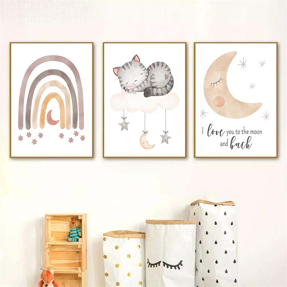 Boho Elefant Kaninchen Katze Regenbogen Mond Wolken Sonne Kinderzimmer Poster Nordic Wand Kunstdruck Leinwand Malerei Bilder Baby Room Decor