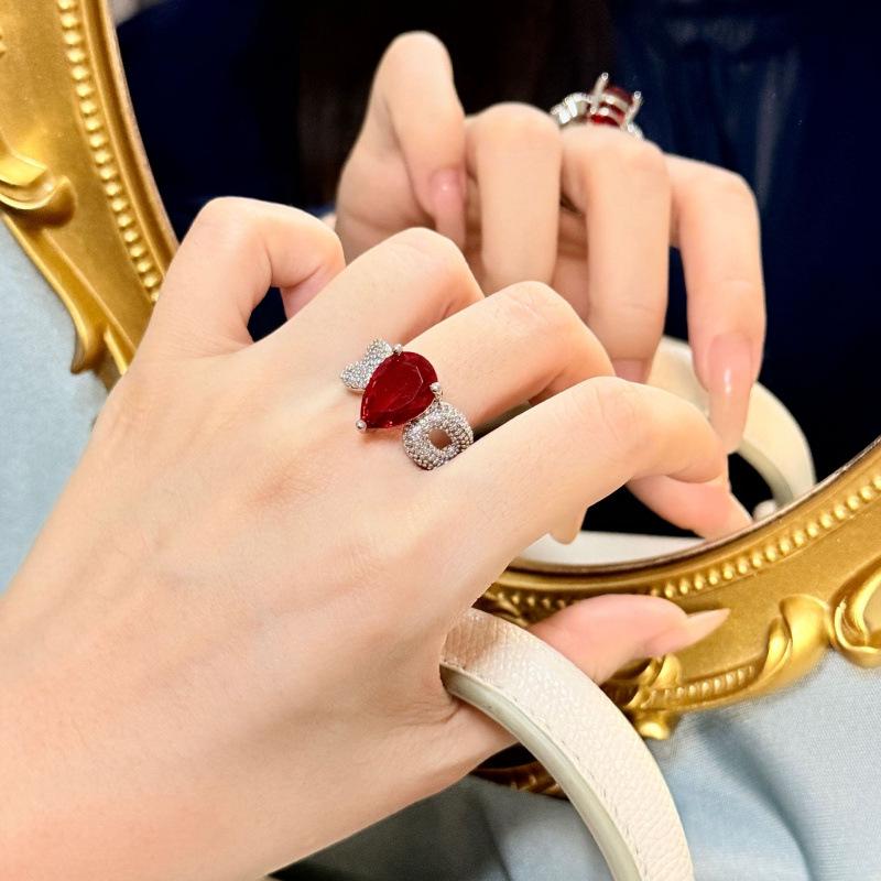 Pomegranate Red Zirconia Luxury Adjustable Women s Ring with Micro-inlaid Diamonds Adjustable Open