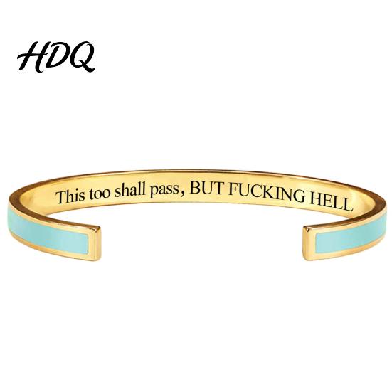 Stackable Bracelets This Too Shall Pass Mantra Cuff Bracelet, Adjustable Engraved Motivational зелёный