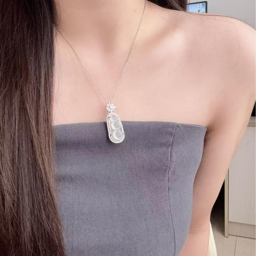 Chinese Style White Chalcedony Lucky Bean Pendant Necklace with Silver Plated Diamond Clavicle Chain