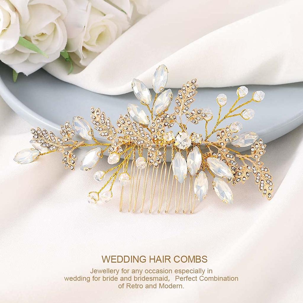 JEAIRTS Leaf Wedding Hair Comb Rhinestone Bridal Headpiece Opal Bridal Crystal Hair Accessories for Women(1-Gold)