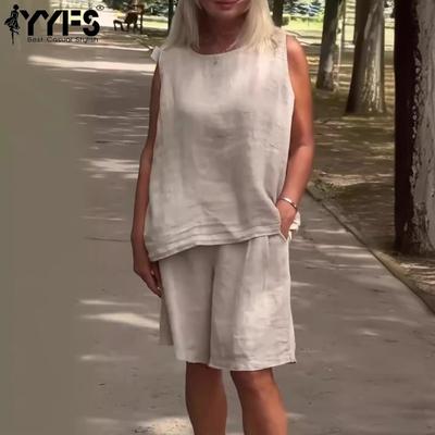 Pantaloni da donna alla moda casual, estivi e primaverili, tinta unita, con stampa, senza maniche e scollo a V