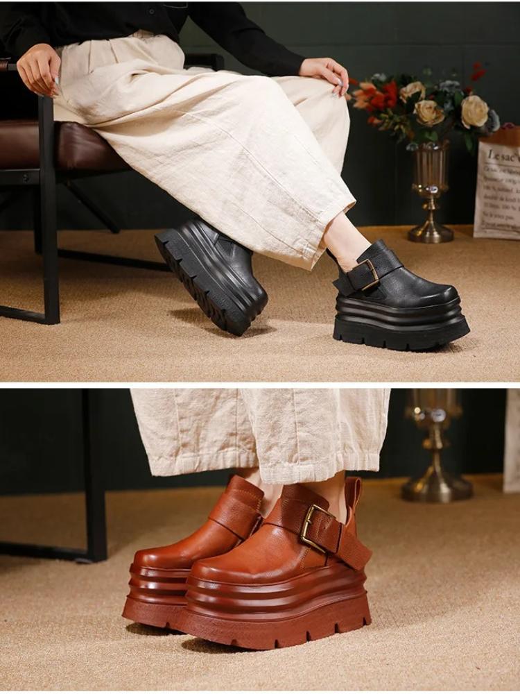 Johnature Platform Shoes Vintage Genuine Leather High Heels Women's Shoes Lightweight Height Increasing Shoes