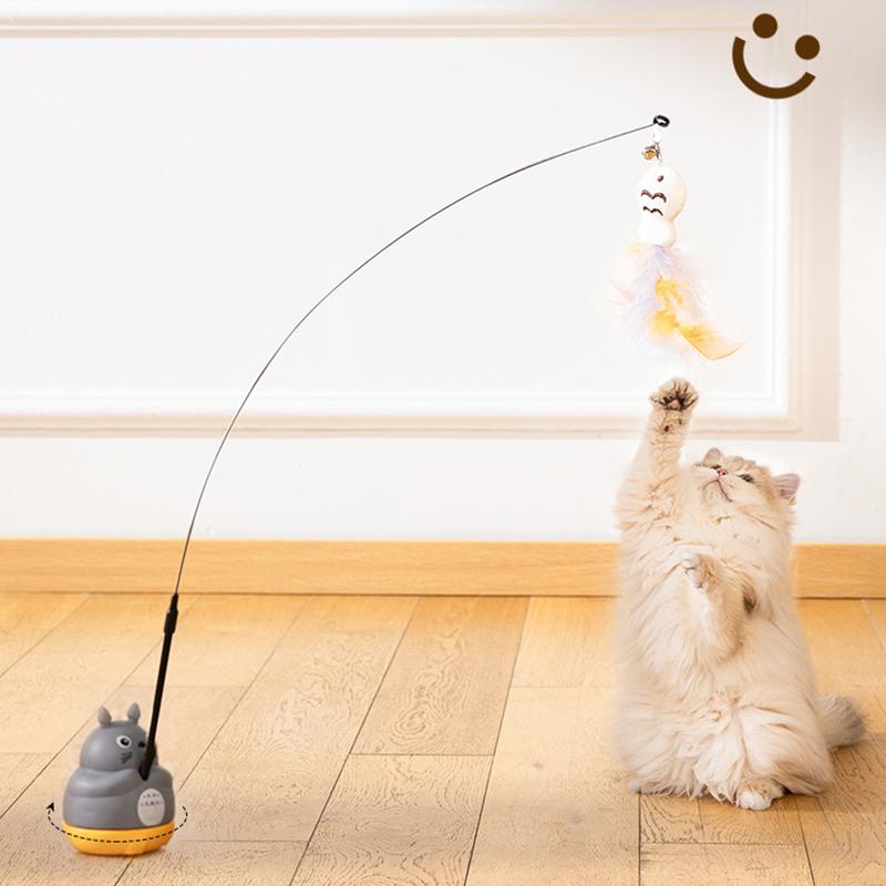 Cute Durable Cat Teaser Stick with Suction Plate Funny Long Pole Feather Rotating Self-pleasure Pet Toy for Kitten Cats Supplies