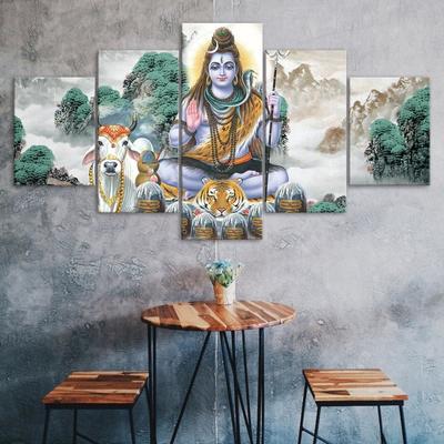 Lord Shiva Nandi Bull Tiger Skin Blessing 5 Piece Five Panel Wall Canvas Print Modern Art Poster Picture Home Decor Gift For Him For Her