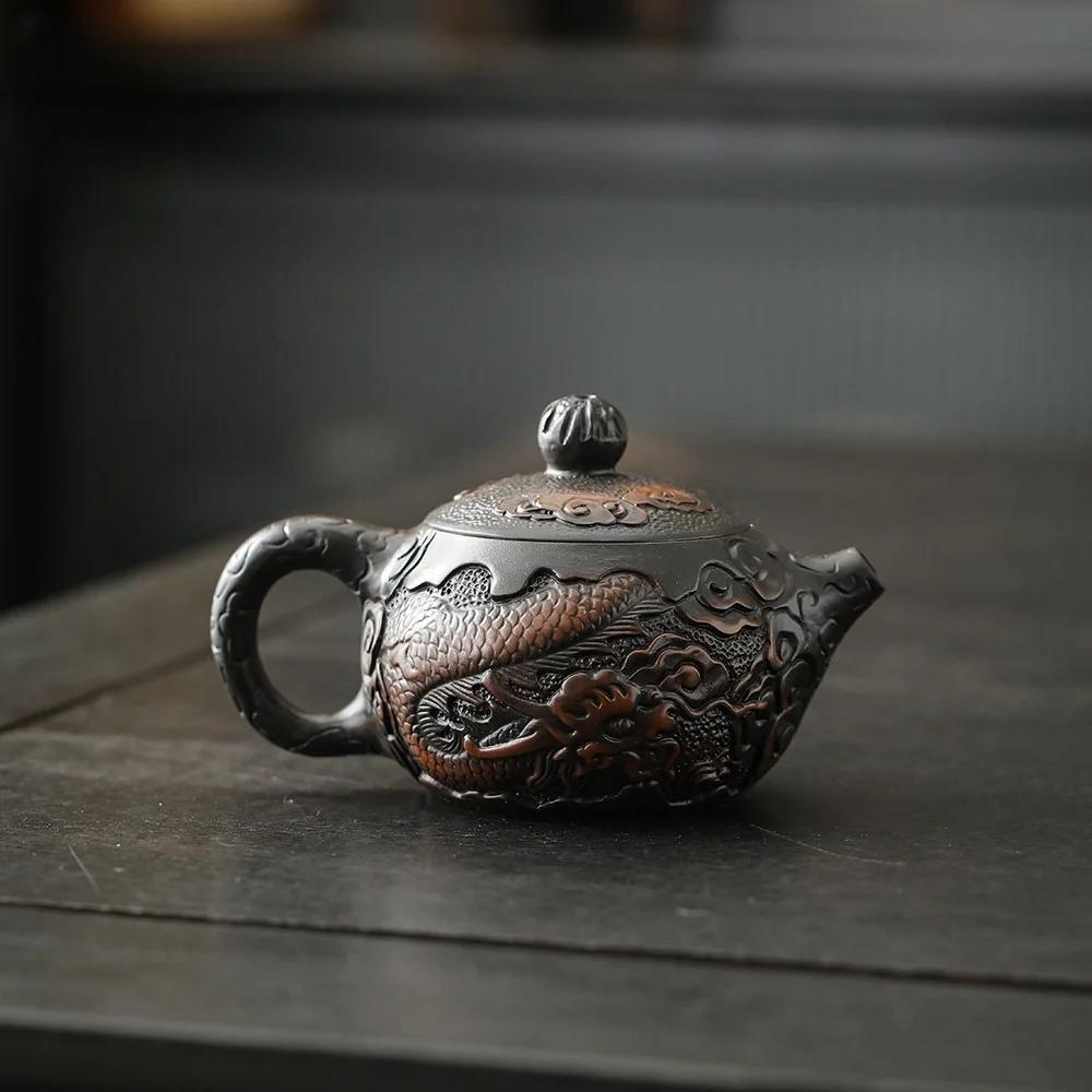 Jianshui Clay Purple Pottery Carving Teapot Hand Painted Antique Relief Teapot Household Teapot Kungfu Tea Set Dragon Kettle