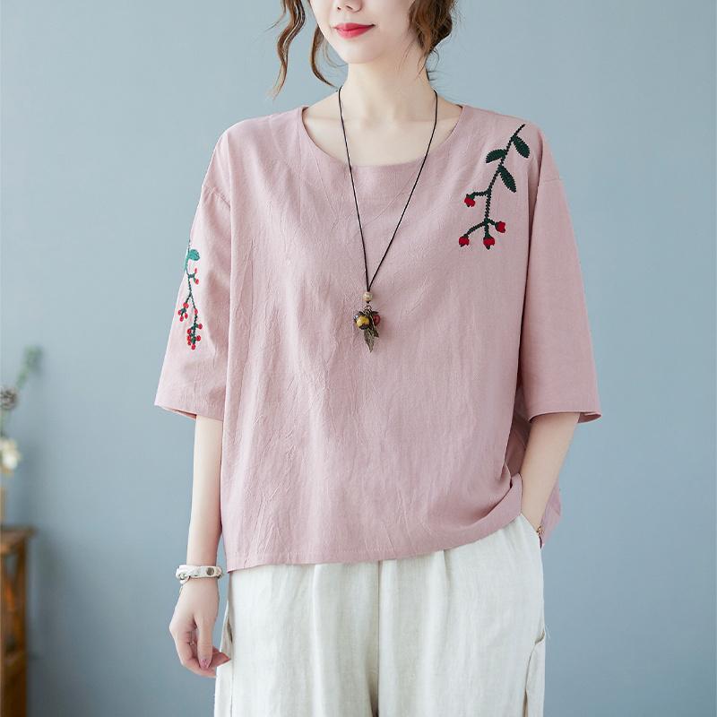 

Летняя мода ретро вышивка хлопок лен рукав пять четвертей футболка свободный утягивающий повседневный универсальный топ для женщин футболки женские 4XL розовый