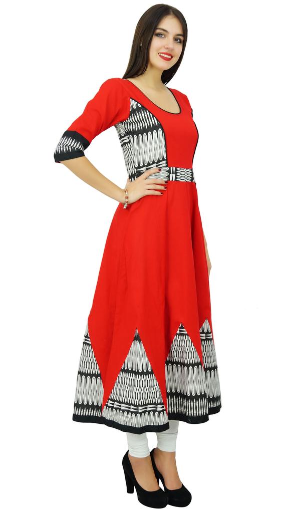 Bimba Women Long Flaired Kurti Red Cotton India Custom Clothing Designer Kurta Boho Chic