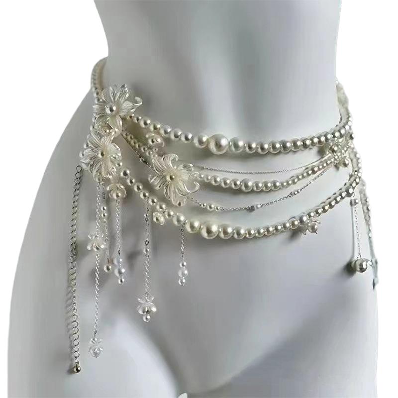 Fashionable Multi-layer Flower Tassel Waist Chain Retro Pearl Waist Chain For Women Girls Body Chain Clothing Accessories Gifts