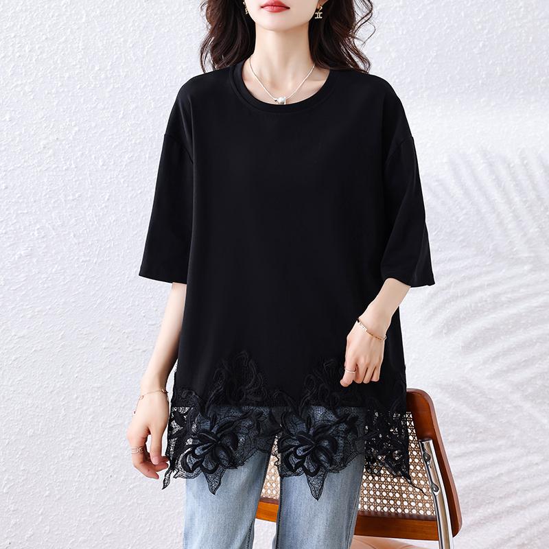DIMANAF 2025 Summer Women Plus Size Basic T-Shirt Vintage Oversized Fashion Lace Casual Loose Black Tops Tees