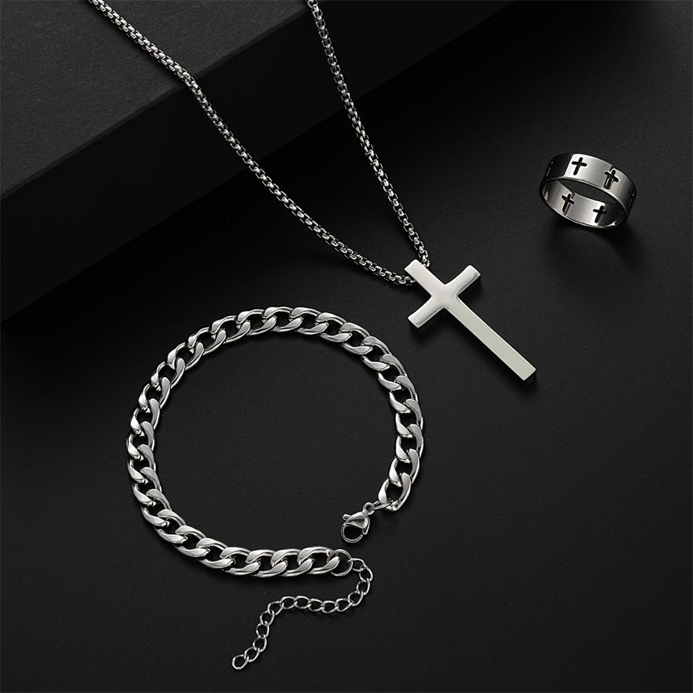 Ensemble 3 pièces Homme Acier Inoxydable Métal Pendentif Croix Chaîne Collier Bracelet Bague Ensemble de Bijoux Mâle Hip Hop Accessoires de Port Quotidien