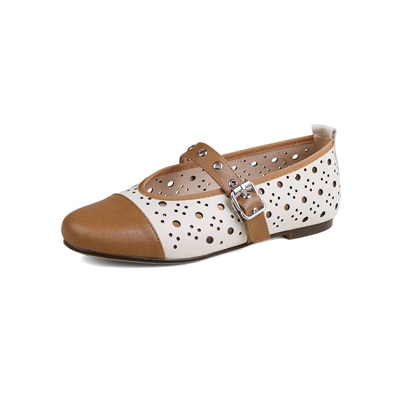 Fashion Women's new spring round toe retro low heel leather cowhide oversized hollow rivets Mary Jane breathable single shoe