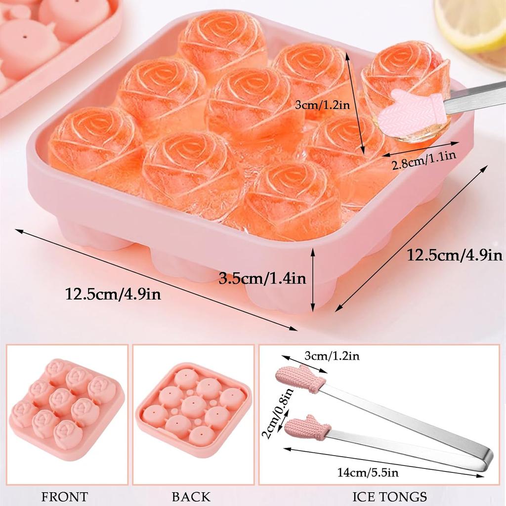 Ice Cube Mold with Lid, Silicone Rose Ice Cube Tray with Mini Tongs, Rose Ice Cube Trays for Freezer, Easy Release Ice Trays Maker, Make 9 Ice Ball