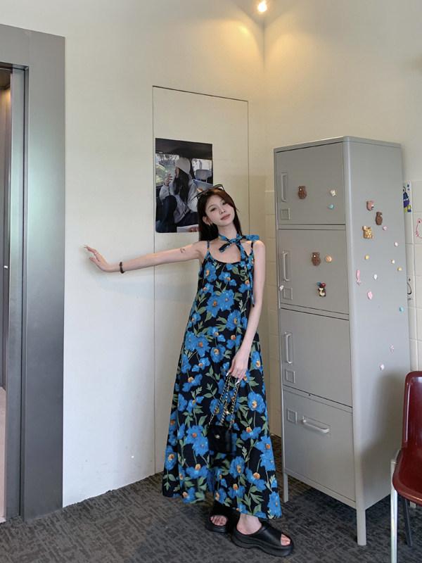 Seaside Resort French Blue Floral Spaghetti Strap Sleeveless Dress for Women, Summer 2026
