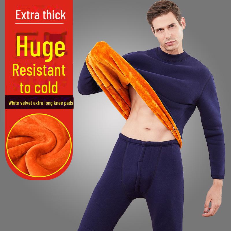 Men's and Women's Plus Velvet Thick Thermal Underwear Suit for Middle-aged and Elderly - Solid Color Winter Set