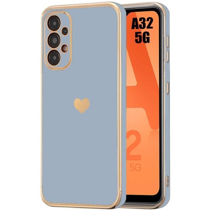 Coque - BOOLING - pour Samsung Galaxy A32 5G - Silicone TPU - Motif Cœur - Protection Antichoc - Bleu