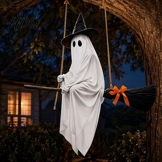 Glowing Ghost Hanging Ornament Halloween Decoration with Witch Hat and Broom Spooky Flying Cute Broom for Haunted House Porch Tree Yard Indoor