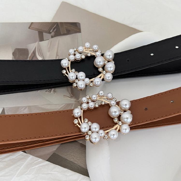 Luxurious Waist Belt with Pearl Circle Pin Buckle for Woman Jeans Skirt Decors