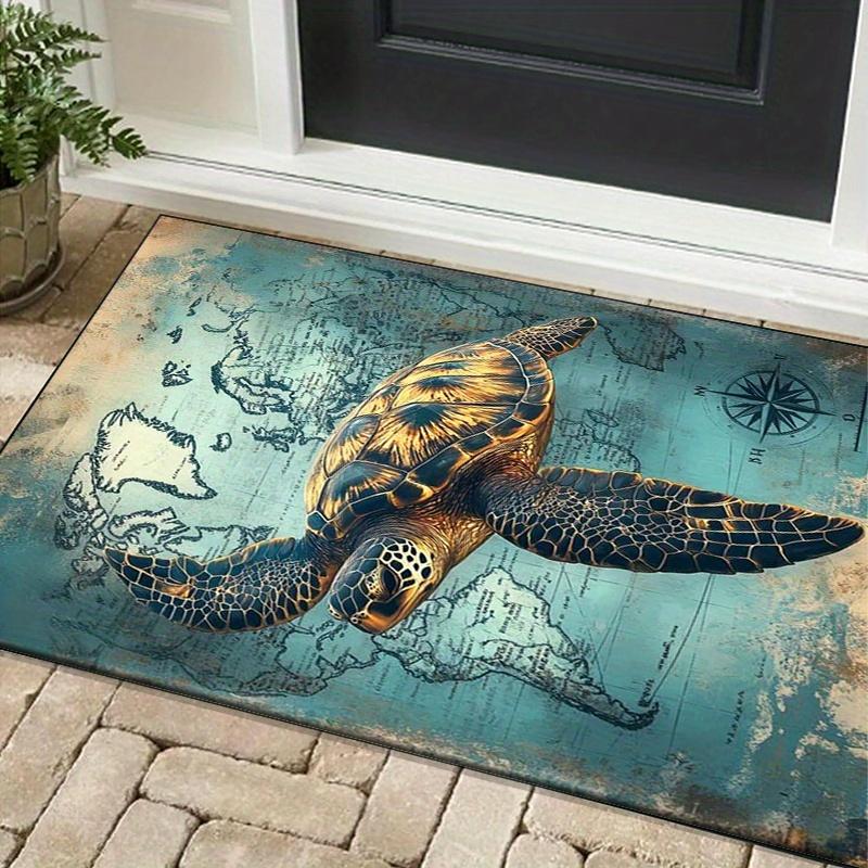 Vintage Turtle MapRug forNauticalThemed RoomsStylish Ocean Life Decor with Compass Detail Anti slip carpet can be machine washed