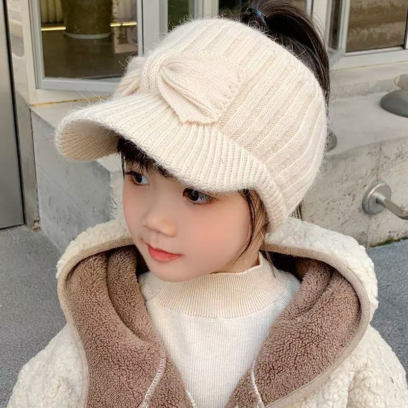 Autumn and Winter Children's Female Bow Empty Top Hat Versatile Fashion Autumn and Winter Knitted Hat Girls' Warm Cap