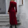 Ladies Long Sleeve Elegant Solid Color V Neck Velvet Bandage Sexy Party High Split Pencil Dress
