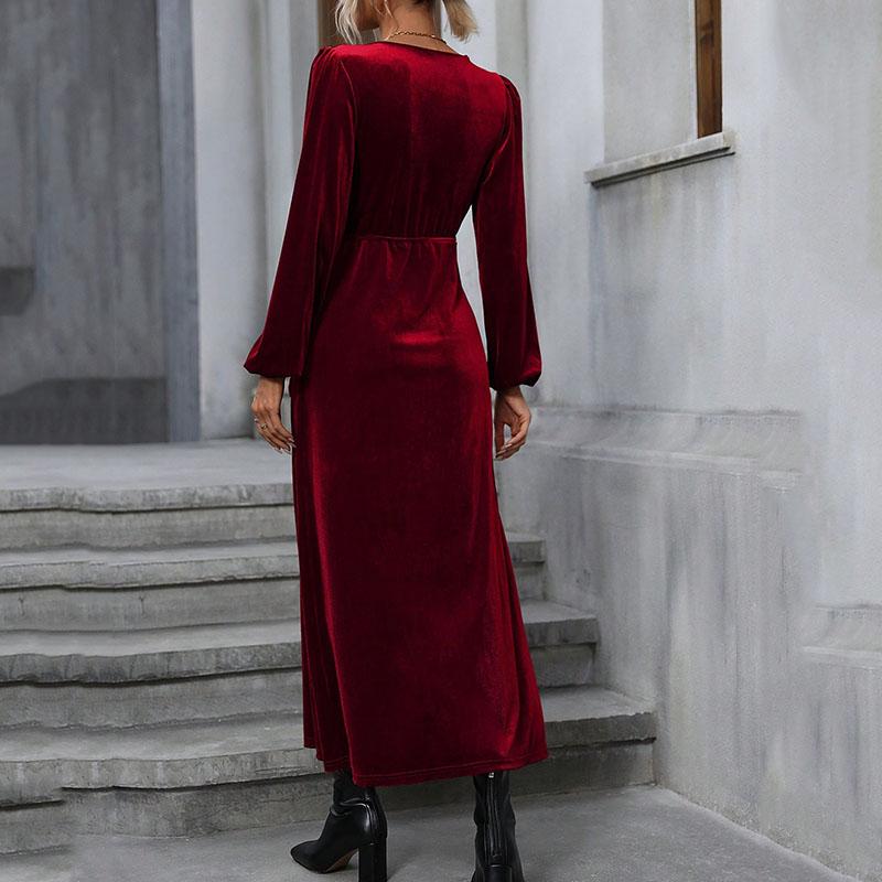 Ladies Long Sleeve Elegant Solid Color V Neck Velvet Bandage Sexy Party High Split Pencil Dress