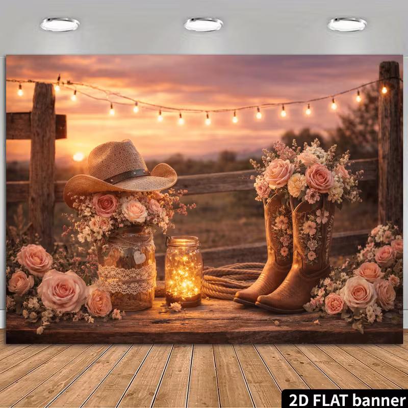 2D Rustic Cowgirl Backdrop, Pink Rose Cowboy Boots Sunset Banner for Western Birthday Photo Booth